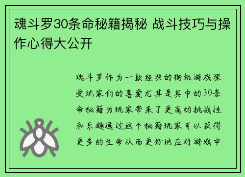 魂斗罗30条命秘籍揭秘 战斗技巧与操作心得大公开