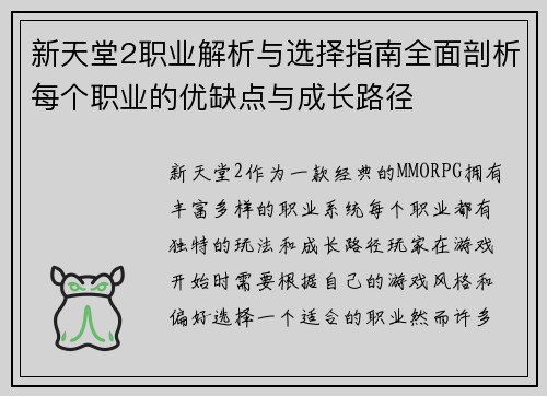 新天堂2职业解析与选择指南全面剖析每个职业的优缺点与成长路径