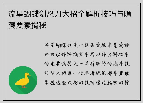 流星蝴蝶剑忍刀大招全解析技巧与隐藏要素揭秘